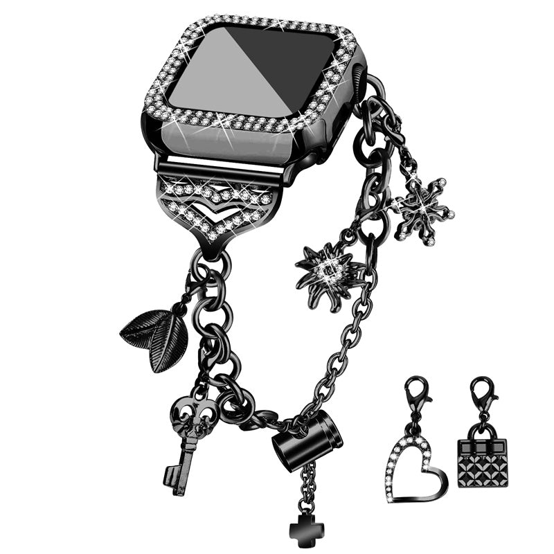 For Apple Watch Series 9 8 7 41mm Rhinestone Decor Watch Band Pendant Bracelet Replacement Metal Strap with Hollow-out PC Watch Case For Apple Watch Series 9 8 7 41mm Rhinestone Decor Watch Band Pendant Bracelet Replacement Metal Strap with Hollow-out PC Watch Case